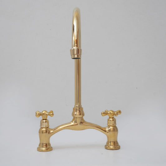 Brass Bridge Kitchen Faucet - V Shaped Unlacquered Brass Faucet ISF17