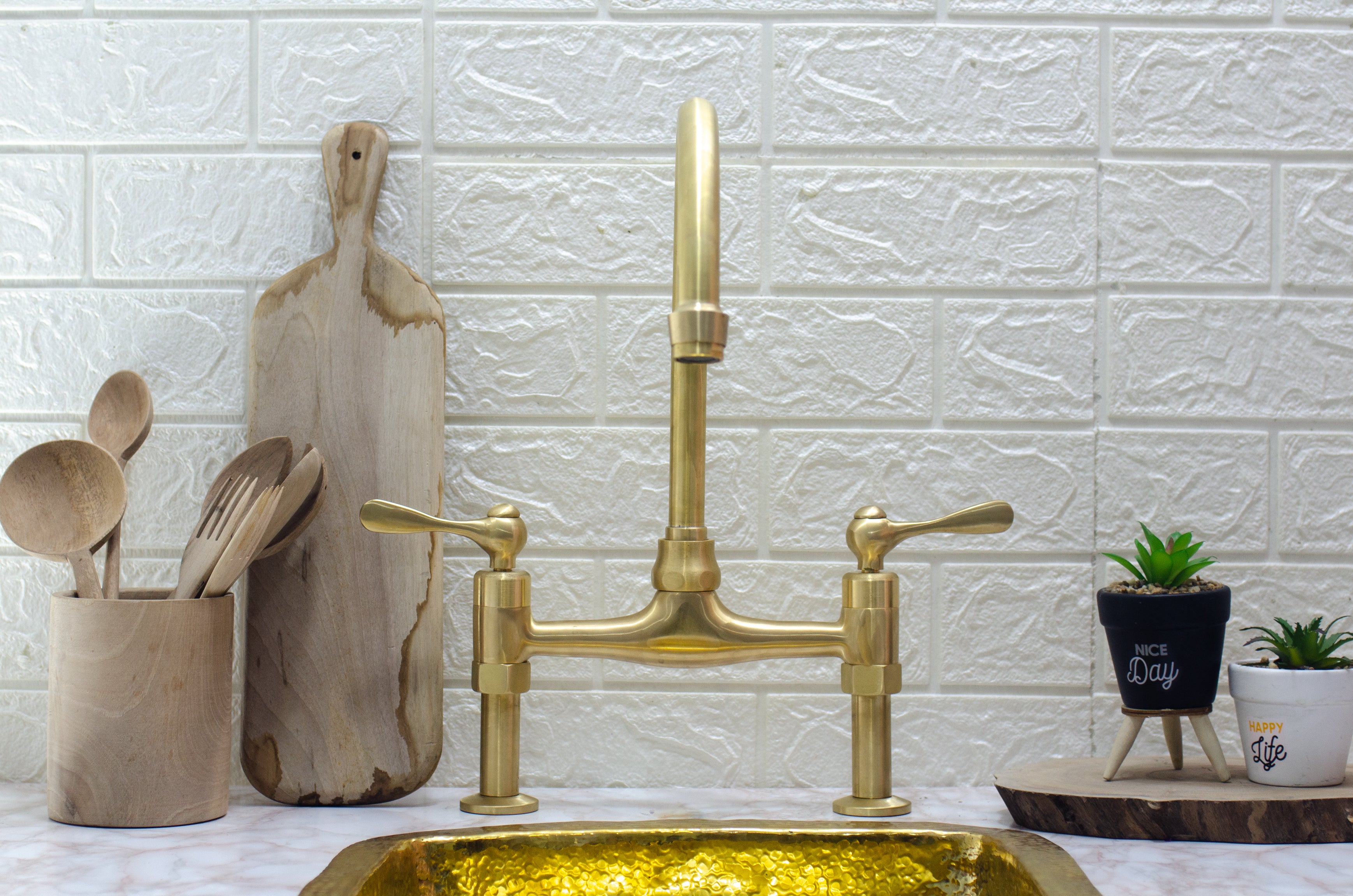 Unlacquered Brass - Brass Bridge Kitchen Faucet ISB01